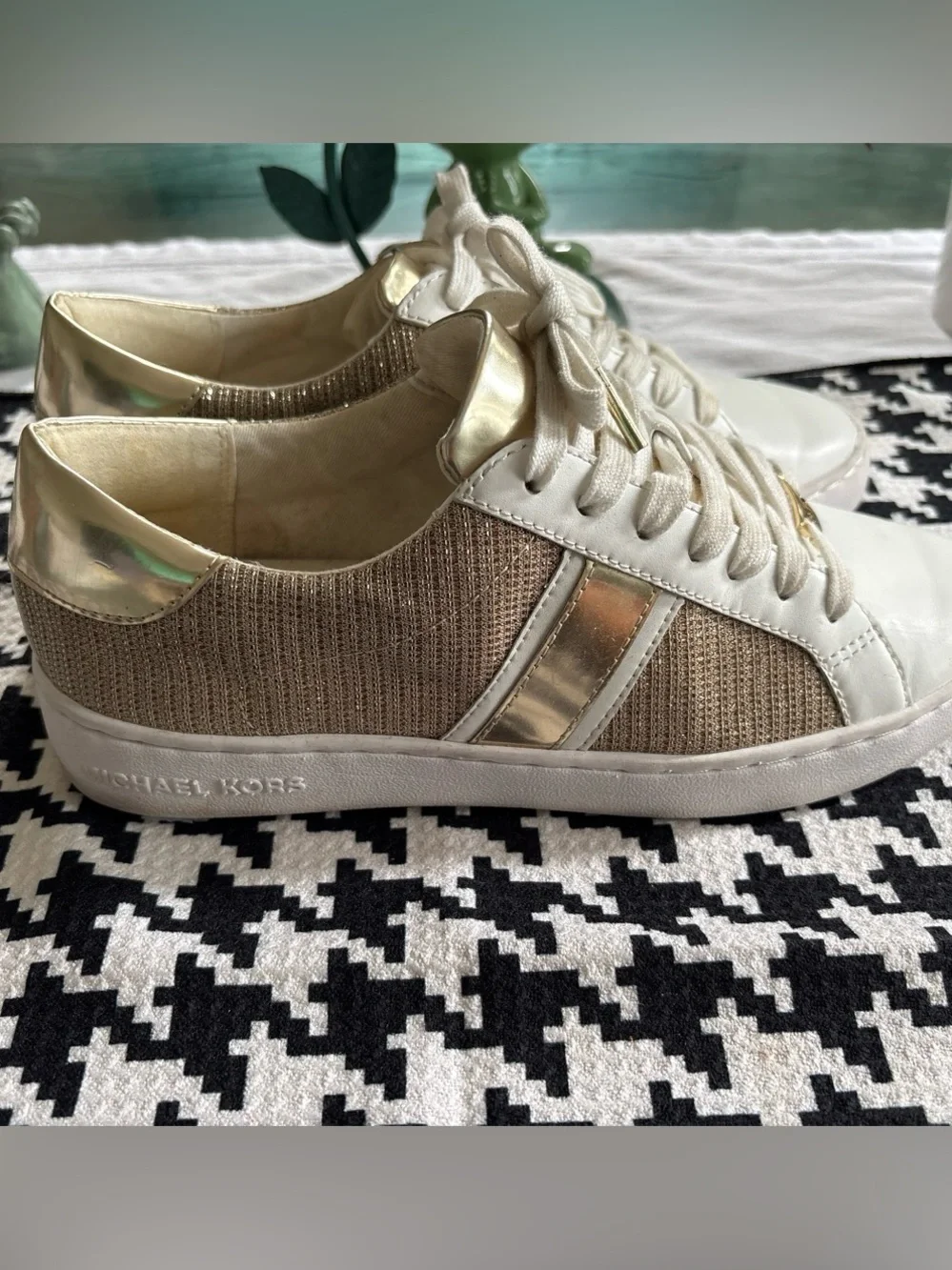 Michael Kors Women’s Metallic Gold and Cream Knit Sneakers